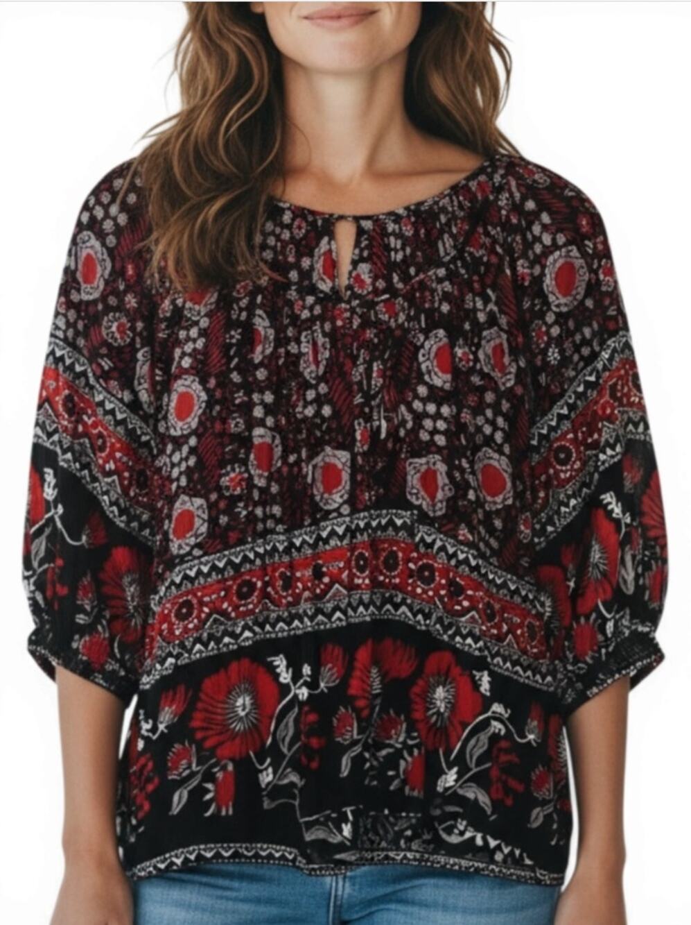 Joie Nancy Blouse S Black Red Floral Cotton Voile Balloon Sleeve Boho Peasant